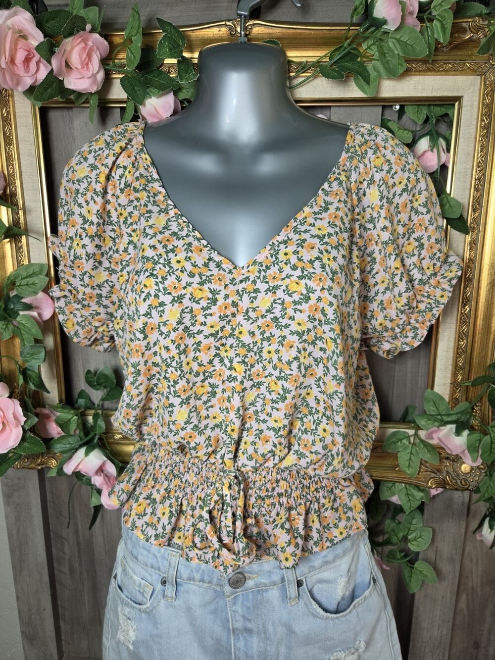 Sienna Sky Floral Peplum Blouse Womens Small Puff Sleeve Tie Back Cottagecore